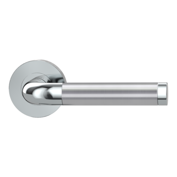 The image shows the Griffwerk door handle set SIMONA in the version with rose set round unlockable screw on chrome/brushed steel
