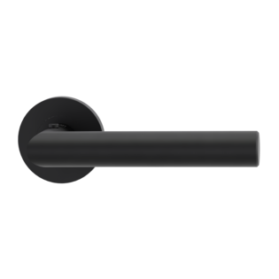 The image shows the Griffwerk door handle set LUCIA PROF in the version with rose set round smart2lock 2.0 screw on graphite black