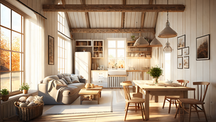 Ein geschmackvoll eingerichtetes Zimmer im Landhausstil mit natürlichen Materialien wie Holz, Stein und Rattan. Das warme Licht verleiht dem Raum eine gemütliche Atmosphäre.