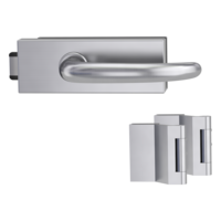 Silhouette product image in perfect product view shows the Griffwerk glass door lock set PURISTO S in the version unlockable, brushed steel, 2-part hinge set with the handle pair ULMER GRIFF PROF