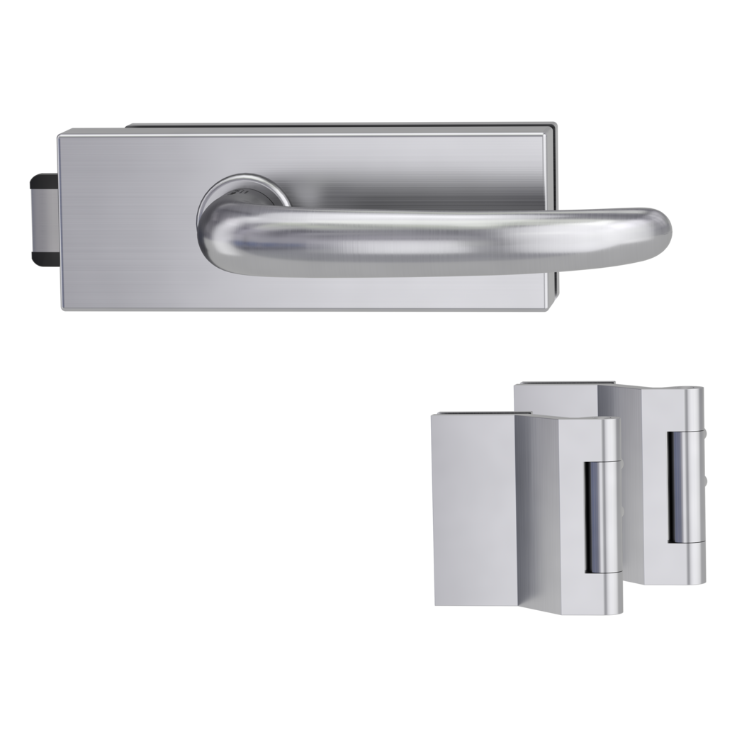 glass door lock set PURISTO S unlockable silent 3-part hinges ULMER GRIFF PROF brushed steel