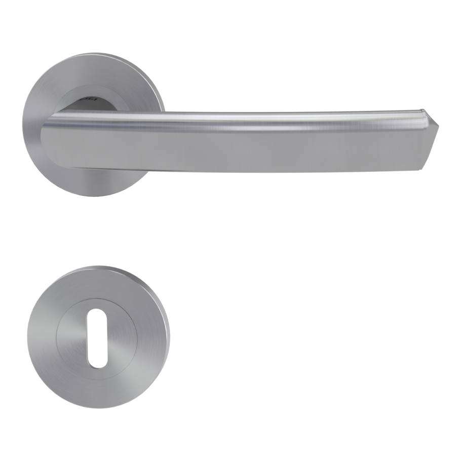 The image shows the Jette door handle set CRYSTAL in the version with rose set round mortice lock screw on brushed steel