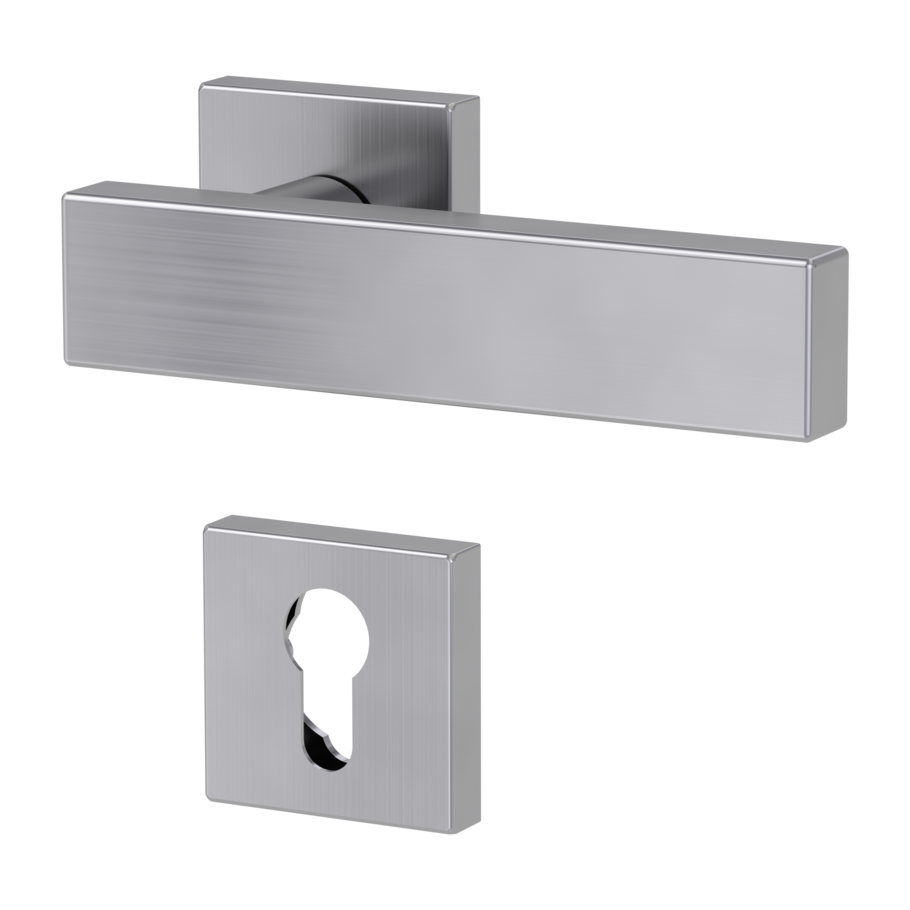 Isolated product image in the left-turned angle shows the GRIFFWERK rose set square CARLA SQUARE in the version euro profile - brushed steel - clip on technique