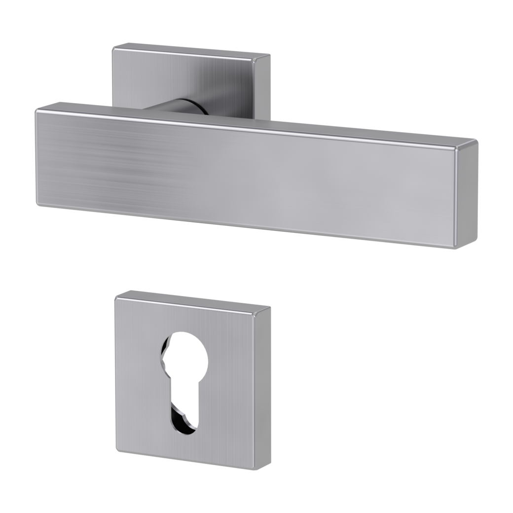 CARLA SQUARE door handle set Clip-on sys.GK3 straight-edged escut. Satin stainless steel profile cylinder