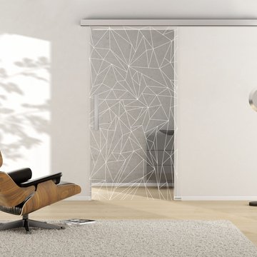 Ambientebild in Wohnraumsituation illustriert die Griffwerk Glasschiebetür GRIDS 693 in der Ausführung ESG PURE WHITE klar