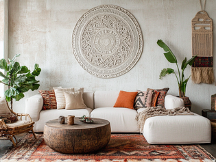 Boho living room with natural materials and plants Cozy living room in boho style with white sofa, rustic wooden table, carpet in warm colors and green houseplants in front of a wall with macramé and art.