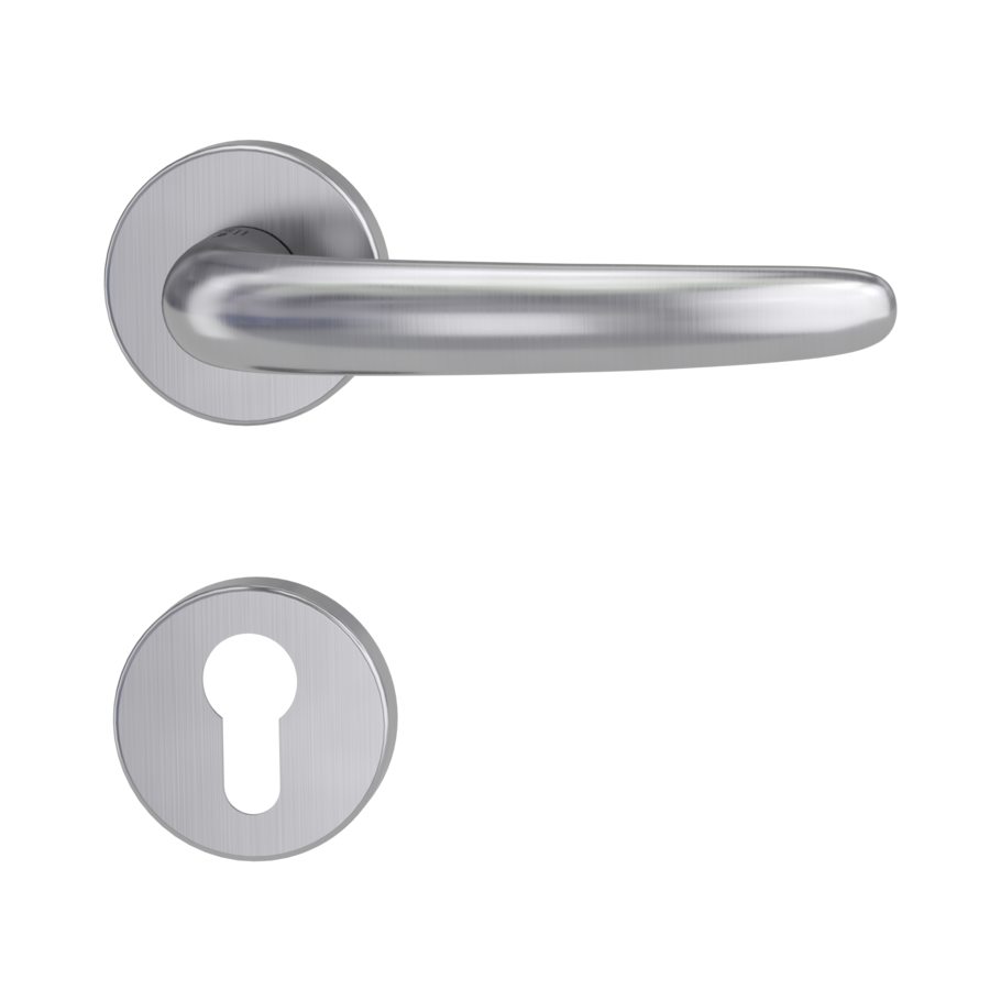 Isolated product image in perfect product view shows the GRIFFWERK rose set ULMER GRIFF in the version euro profile - brushed steel - clip on technique