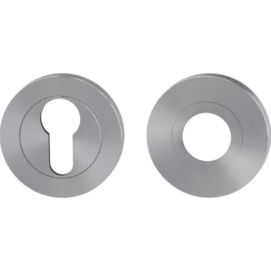 Freigestelltes Produktbild im idealen Blickwinkel fotografiert zeigt den Griffwerk Kombi-Innen-Rosettensatz in der Version Edelstahl matt, rund mit Zierring, Klipptechnik