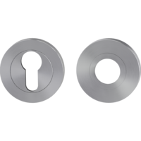 Freigestelltes Produktbild im idealen Blickwinkel fotografiert zeigt den Griffwerk Kombi-Innen-Rosettensatz in der Version Edelstahl matt, rund mit Zierring, Klipptechnik