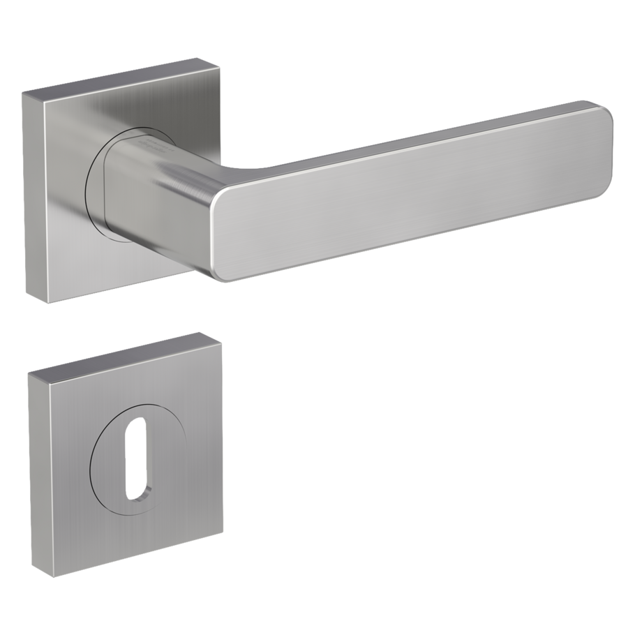 Isolated product image in the right-turned angle shows the GRIFFWERK rose set square MINIMAL MODERN in the version mortice lock - velvet grey - screw on technique