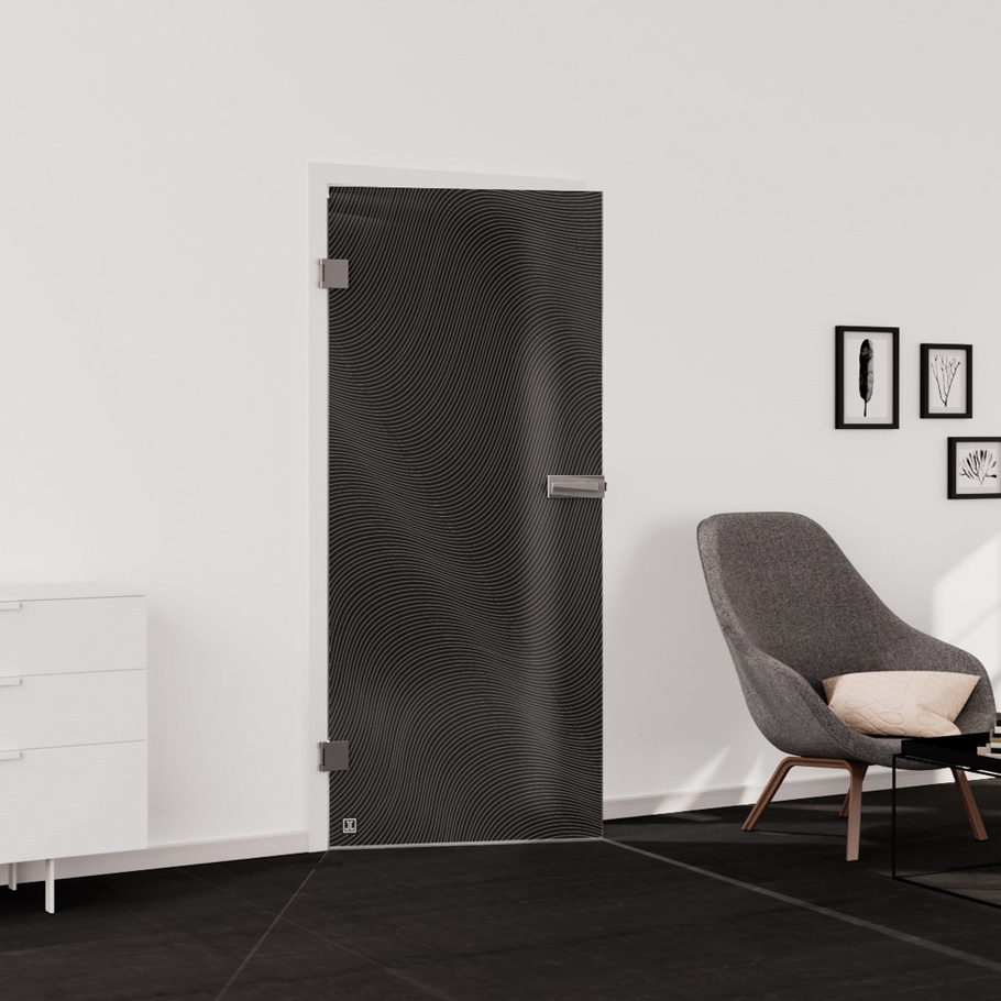 Living situation which shows the glass door with tempered safety glass (ESG) laserdecor JETTE WAVE 563 in the vision frosted MOON GREY drilling Studio/Office revolving door DIN L