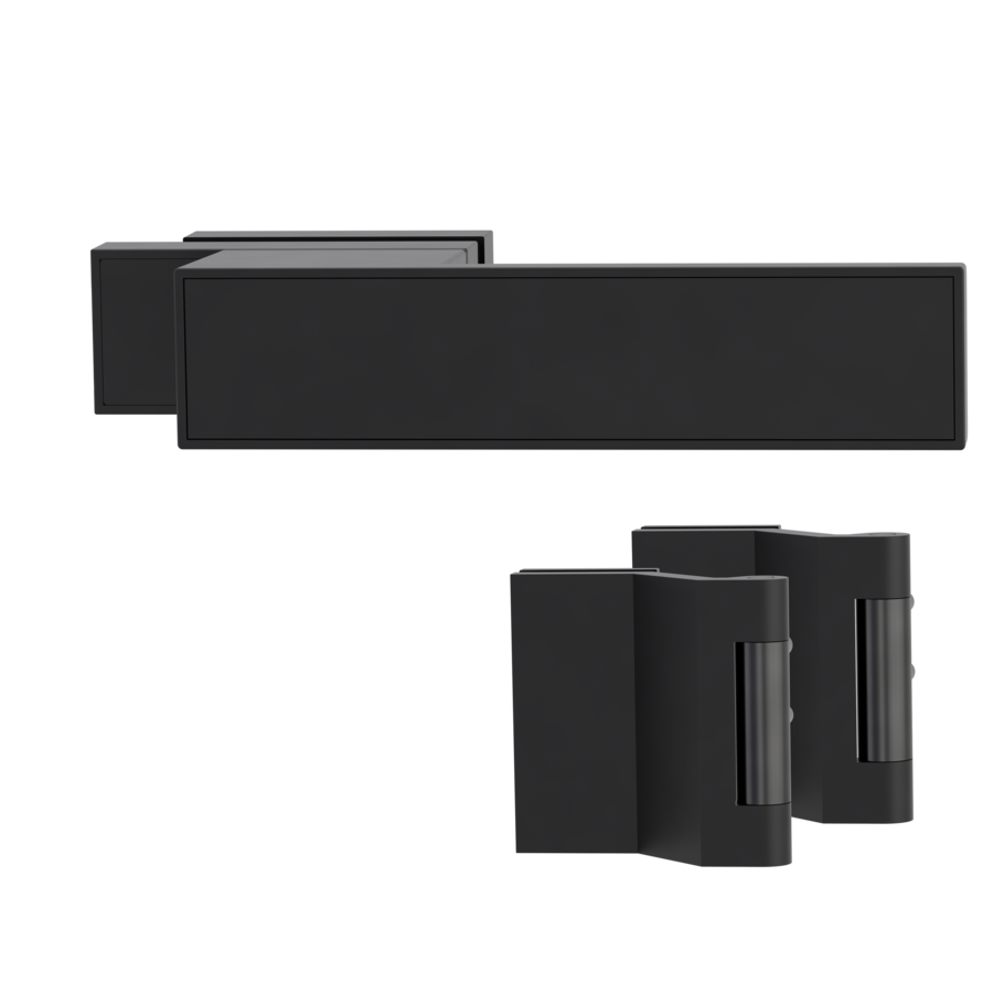 Silhouette product image in perfect product view shows the GRIFFWERK glass door lock set FRAME in the version unlockable, graphite black, 3-part hinge set