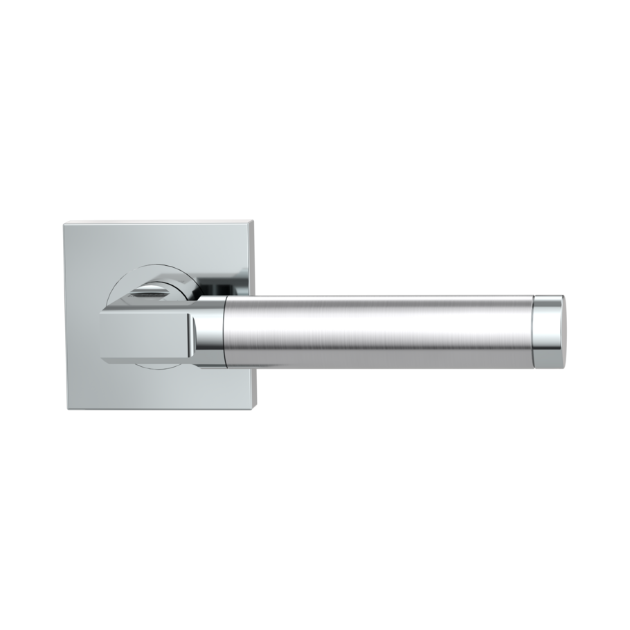 The image shows the Griffwerk door handle set LARONDA QUATTRO in the version with rose set square unlockable screw on chrome/brushed steel