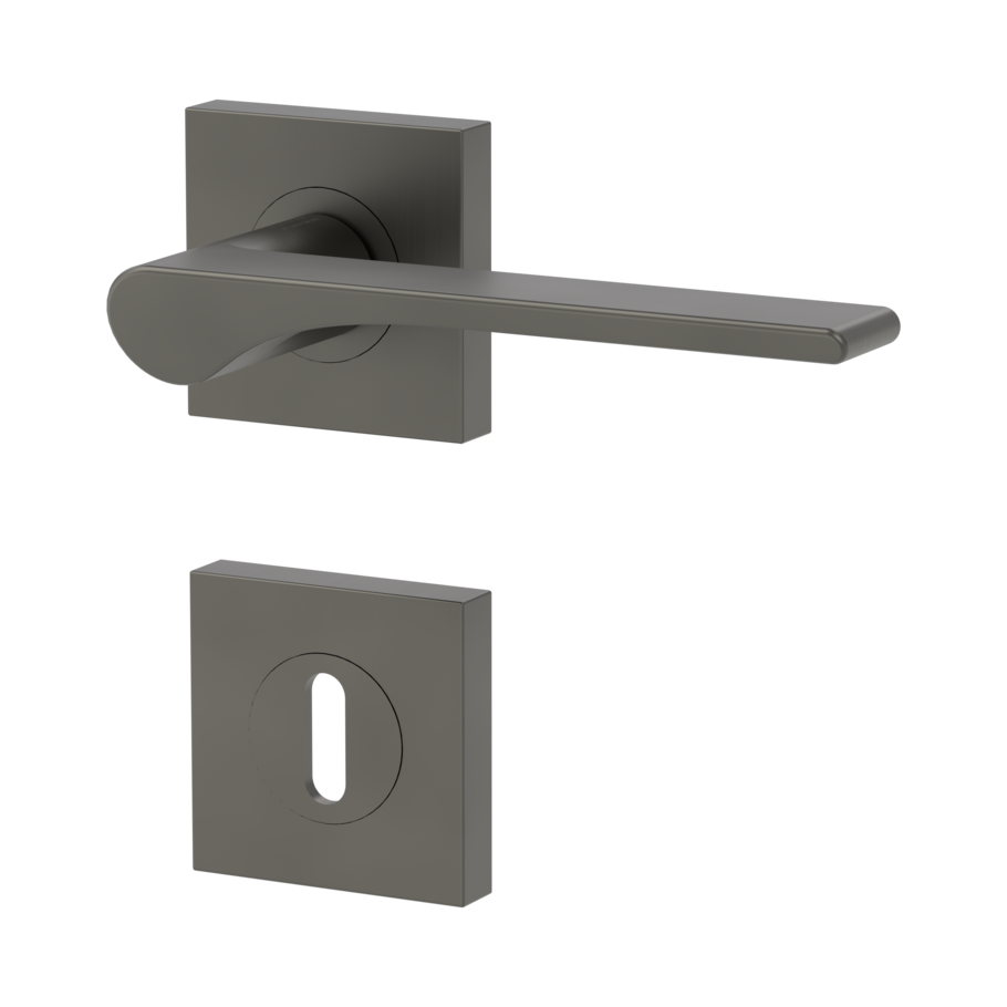 Isolated product image in the left-turned angle shows the GRIFFWERK rose set square LEAF LIGHT in the version mortice lock - cashmere grey - screw on technique