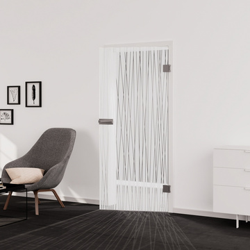 Wohnsituation zeigt die Glastür aus Einscheibensicherheitsglas (ESG) Siebdruck JETTE RUTIL 561 in der Ausführung mattiert PURE WHITE Bohrung Studio/Office Drehtür DIN R