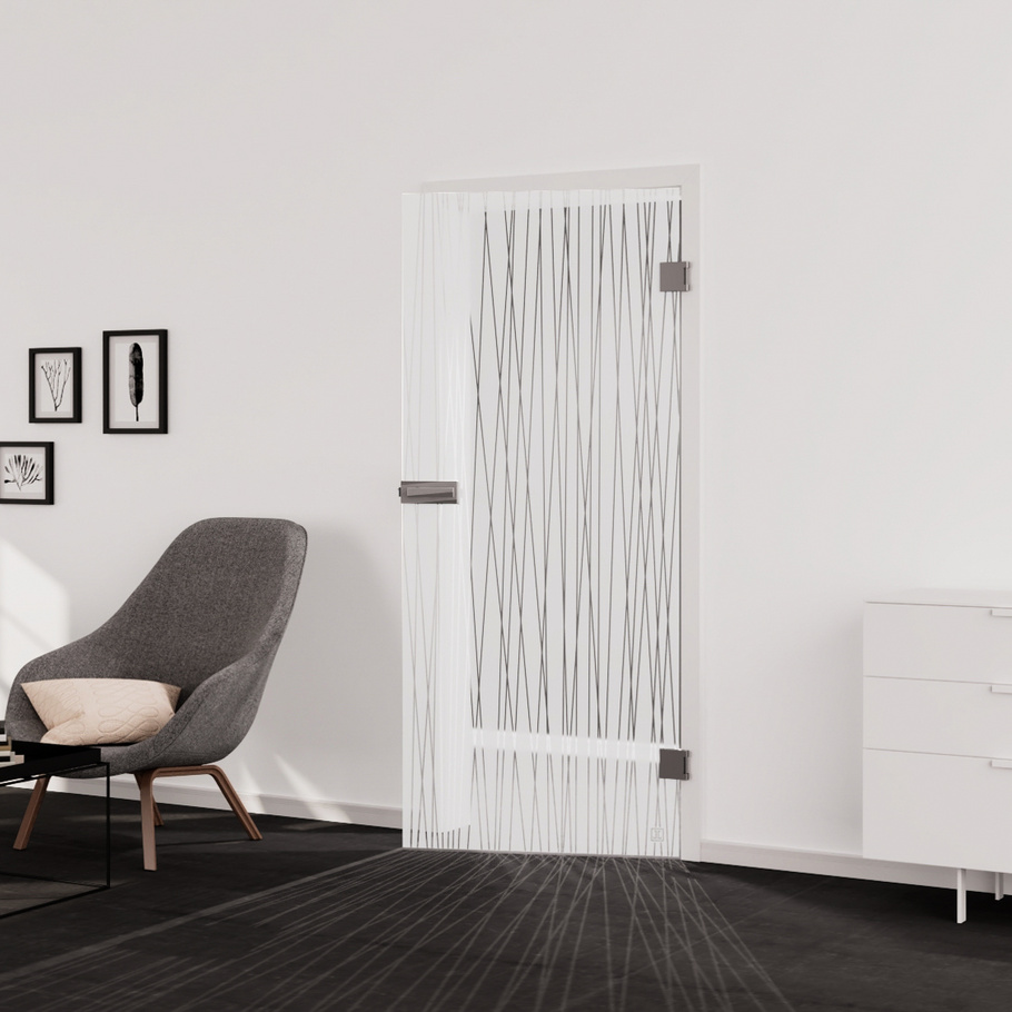 Wohnsituation zeigt die Glastür aus Einscheibensicherheitsglas (ESG) Siebdruck JETTE RUTIL 561 in der Ausführung mattiert PURE WHITE Bohrung Studio/Office Drehtür DIN R