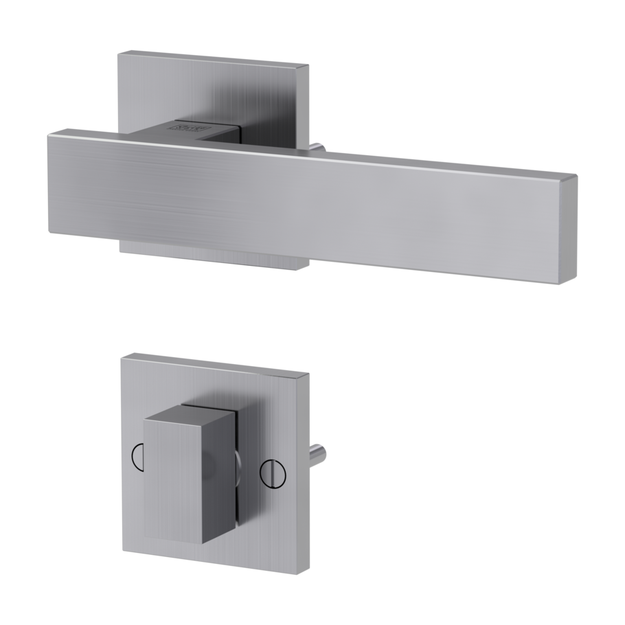 Isolated product image in the left-turned angle shows the GRIFFWERK rose set square SQUARE in the version turn and release - brushed steel - deco screw