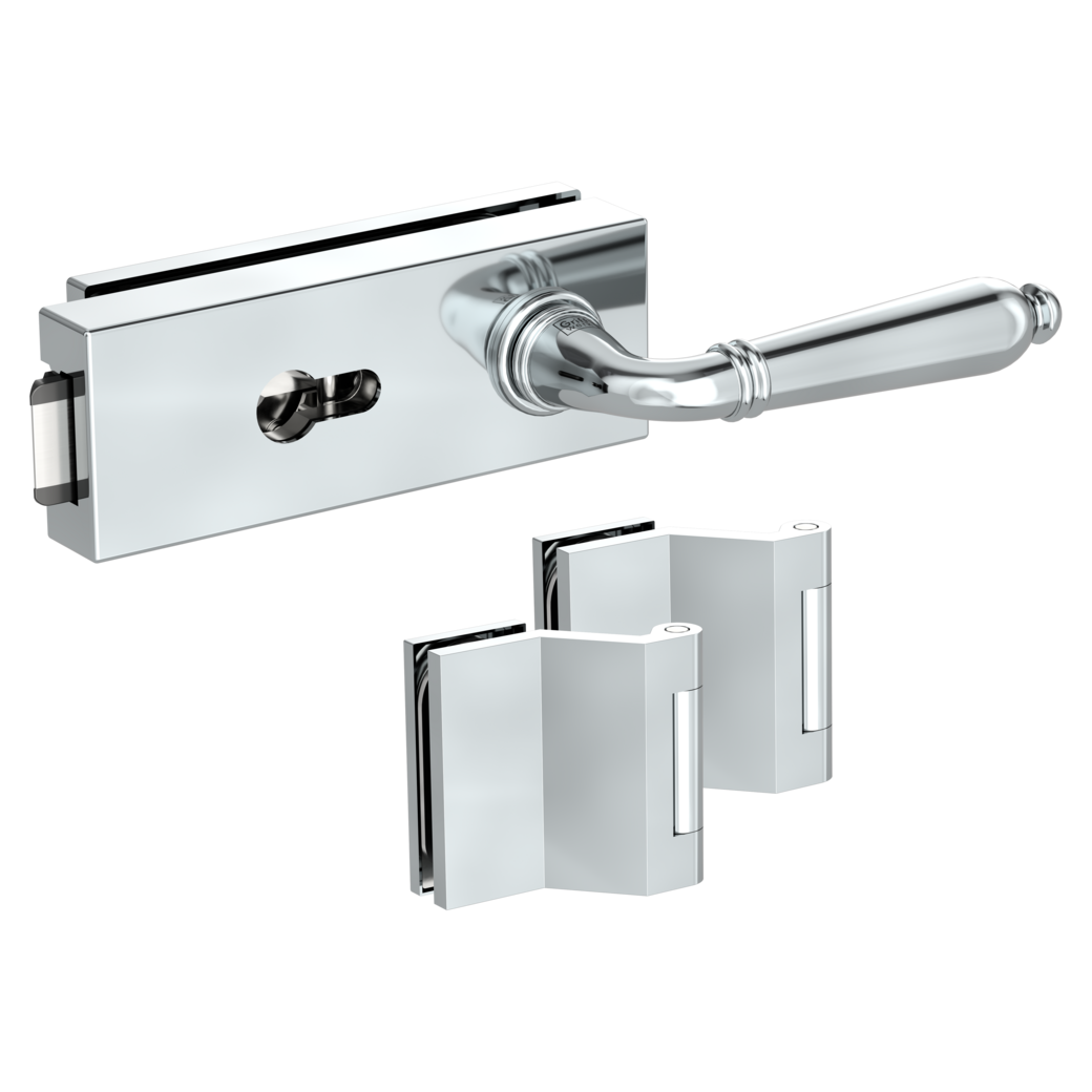 glass door lock set PURISTO S euro profile silent 3-part hinges CAROLA Chrome optic