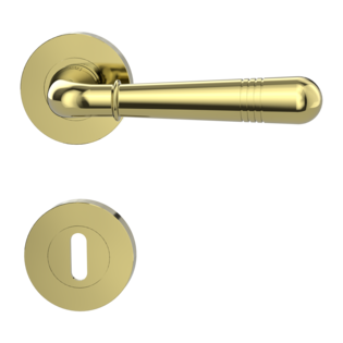 Isolated product image in perfect product view shows the GRIFFWERK rose set FABIA in the version mortice lock - brass look - screw on technique