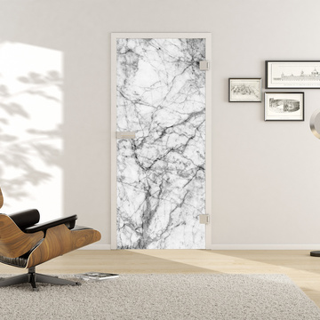 Wohnsituation mit zeigt die GRIFFWERK Glastür VSG Digital_699 in der Ausführung DIN rechts - Drehtür Bohrung Studio/Office - Verbundsicherheitsglas BASIC GREEN Digitaldruck (klar) 