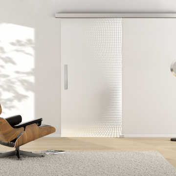 Ambient image in living situation illustrates the Griffwerk sliding glass door DOTS 661 in the version TSG PURE WHITE matt