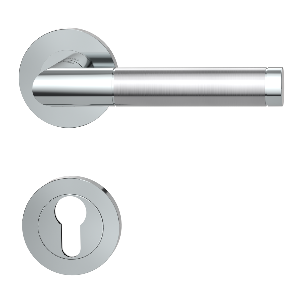 LOREDANA PROF door handle set Screw-on system GK3 round escutcheons Pol.satin st.steel profile cylinder