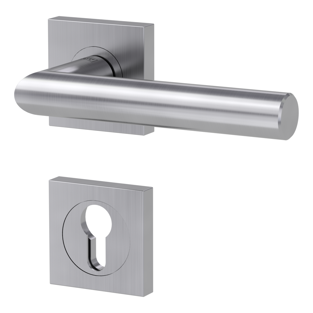 LUCIA PROF door handle set Screw-on sys.GK3 straight-edged escut. Satin stainless steel profile cylinder