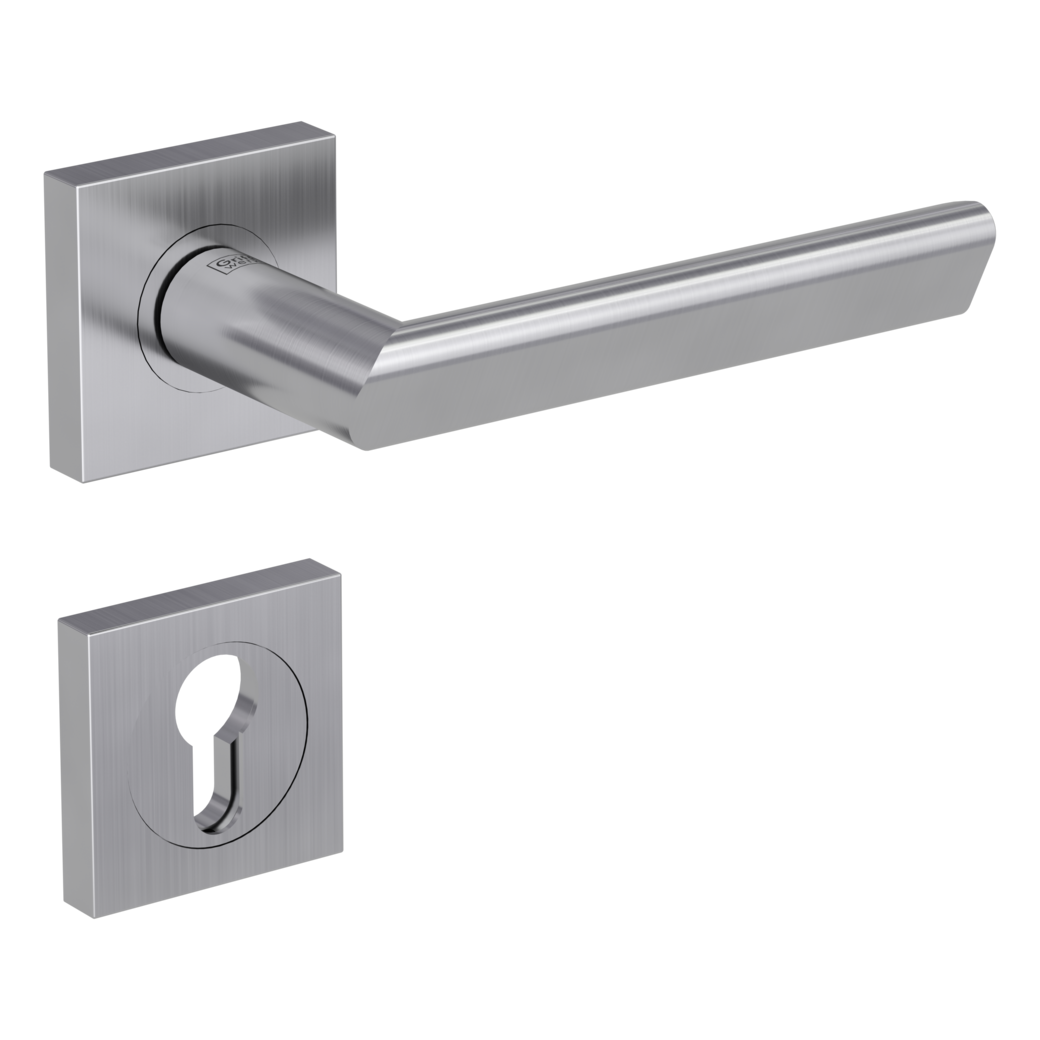 TRI 134 door handle set Screw-on sys.GK3 straight-edged escut. Satin stainless steel profile cylinder