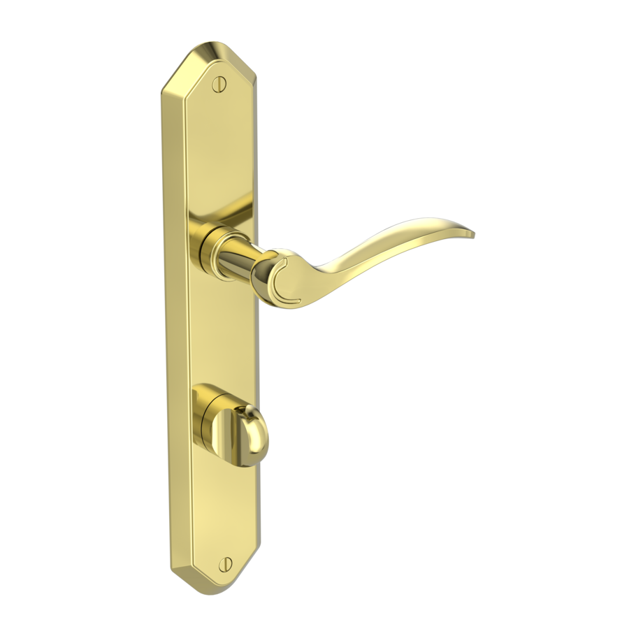 Isolated product image in the right-turned angle shows the GRIFFWERK long plate set AMADEUS in the version turn and release - brass look - deco screw