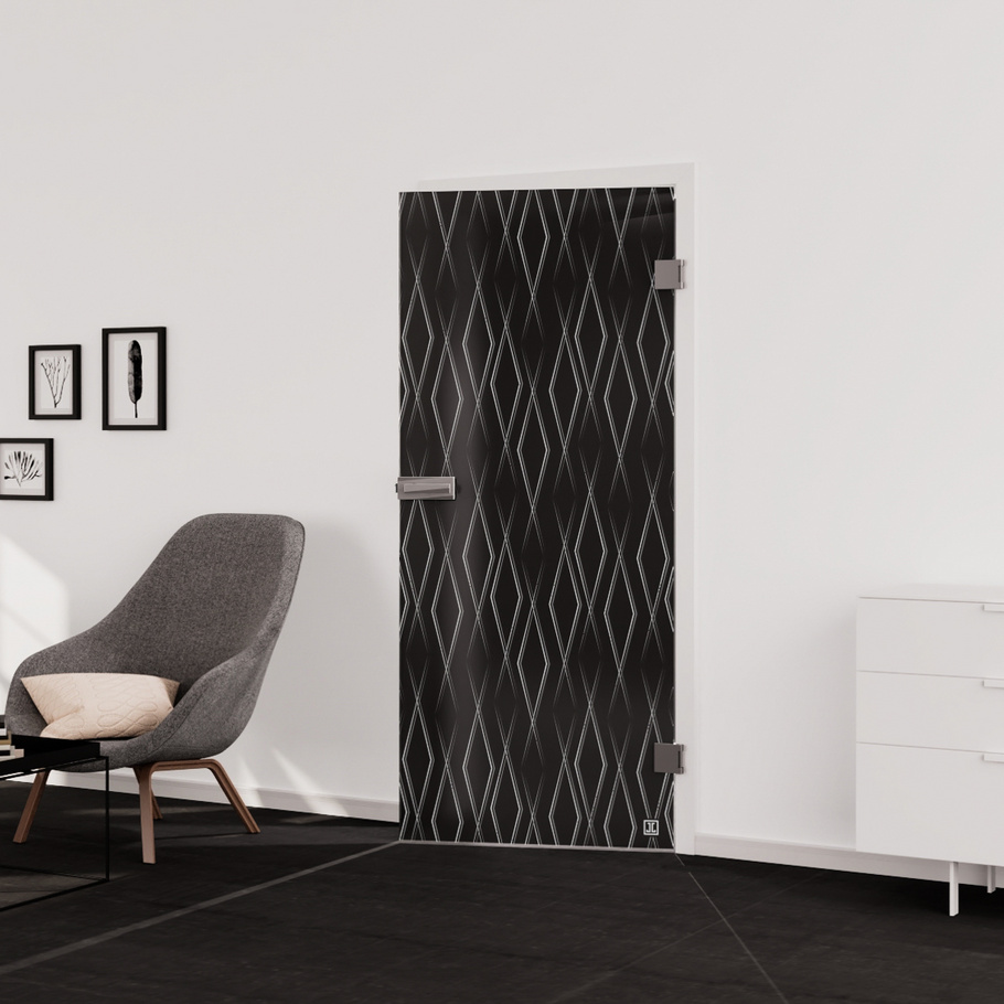 Wohnsituation zeigt die Glastür aus Einscheibensicherheitsglas (ESG) Laserdekor JETTE FOREVER 687 in der Ausführung mattiert MOON GREY Bohrung Studio/Office Drehtür DIN R