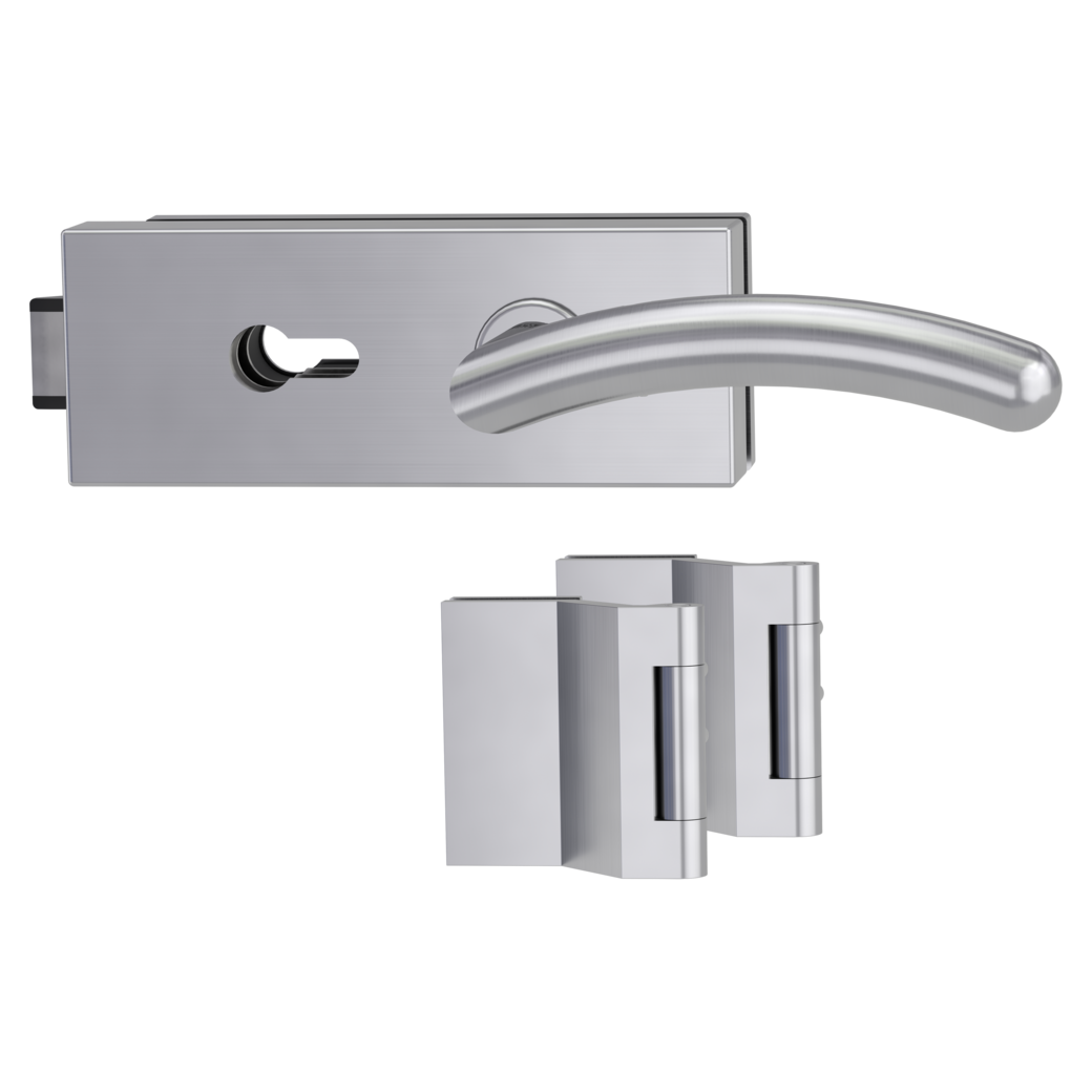 glass door lock set PURISTO S euro profile silent 3-part hinges SAVIA KT brushed steel