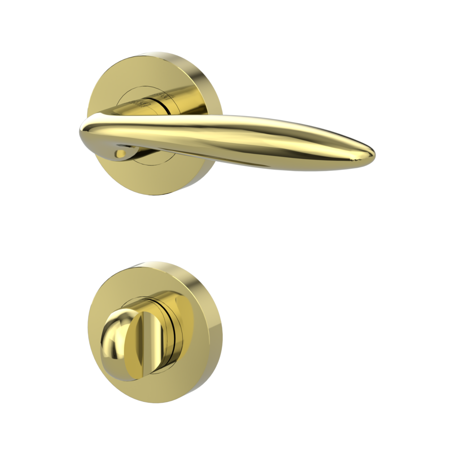 Isolated product image in the left-turned angle shows the GRIFFWERK rose set ALINA in the version turn and release - brass look - screw on technique inside view 