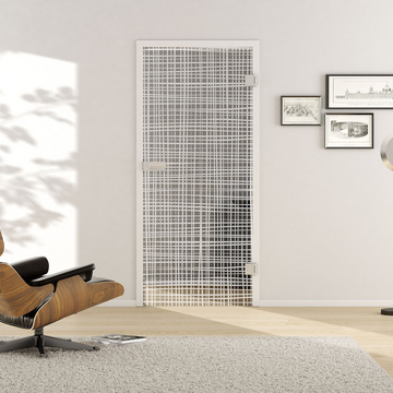 Wohnsituation mit zeigt die GRIFFWERK Glastür CANVAS_571 in der Ausführung DIN rechts - Drehtür Bohrung Studio/Office - Einscheibensicherheitsglas PURE WHITE Laser einseitig 