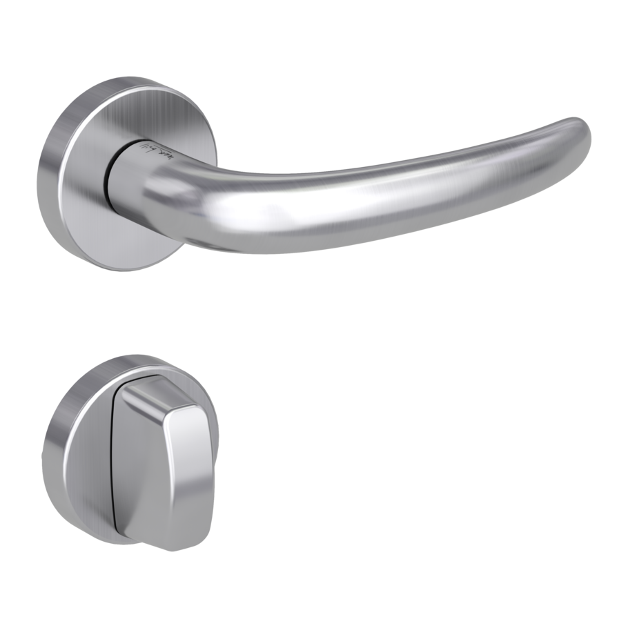 Isolated product image in the right-turned angle shows the GRIFFWERK rose set ULMER GRIFF in the version turn and release - brushed steel - clip on technique inside view 