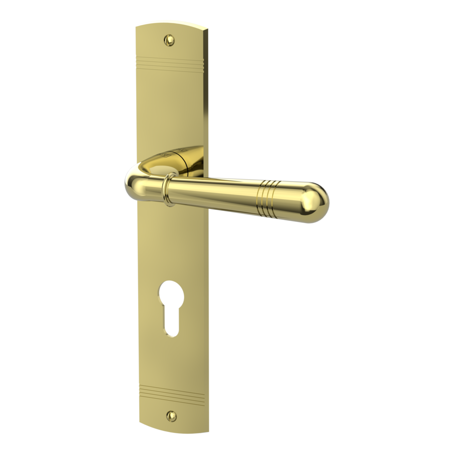 Isolated product image in the left-turned angle shows the GRIFFWERK long plate set FABIO in the version euro profile - brass look - deco screw