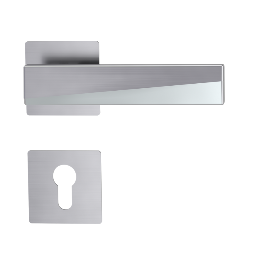 The image shows the Jette door handle set VISION in the version with rose set square euro profile Piatta brushed steel