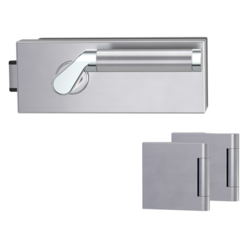 Silhouette product image in perfect product view shows the Griffwerk glass door lock set PURISTO in the version unlockable, polished steel, 2-part hinge set with the handle pair CORINNA CHR/EM