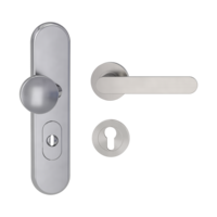 Silhouette product image in perfect product view shows the Griffwerk security combi set TITANO_882 in the version cylinder cover, round, brushed steel, clip on with the door handle AVUS SG