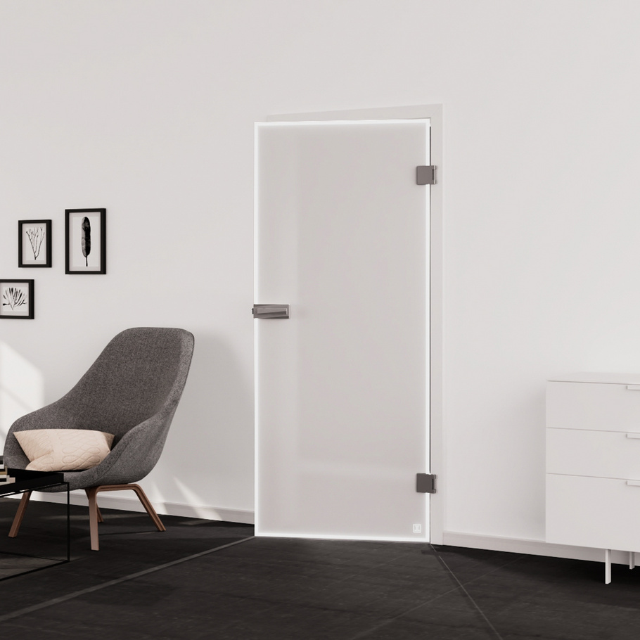 Living situation which shows the glass door with tempered safety glass (ESG) laserdecor JETTE FRAME 815 in the vision frosted PURE WHITE drilling Studio/Office revolving door DIN R