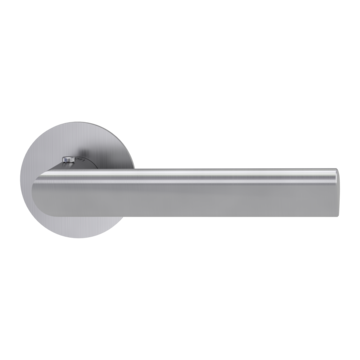 The image shows the Griffwerk door handle set TRI 134 in the version with rose set round smart2lock 2.0 flat rose brushed steel