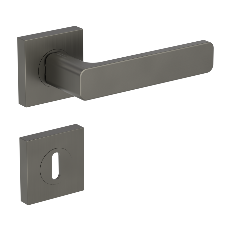 Isolated product image in the right-turned angle shows the GRIFFWERK rose set square MINIMAL MODERN in the version mortice lock - cashmere grey - screw on technique