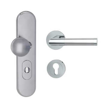 Silhouette product image in perfect product view shows the Griffwerk security combi set TITANO_882 in the version cylinder cover, round, brushed steel, clip on with the door handle LOREDANA PROF