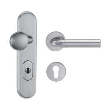 Silhouette product image in perfect product view shows the Griffwerk security combi set TITANO_882 in the version cylinder cover, round, brushed steel, clip on with the door handle ADINA