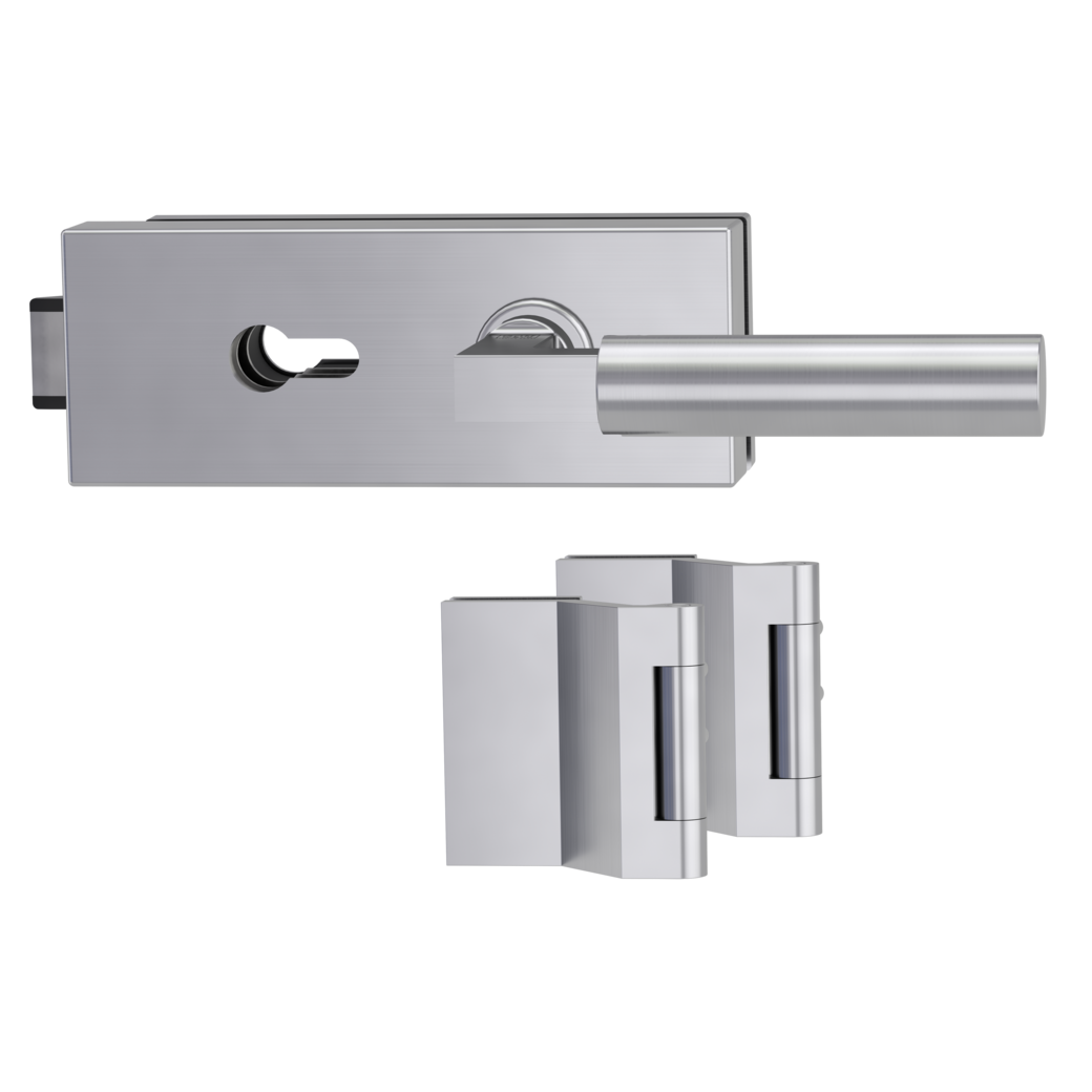 glass door lock set PURISTO S euro profile silent 3-part hinges METRICO PROF brushed steel