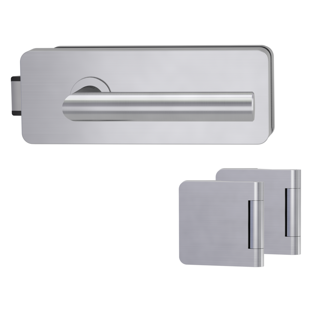 glass door lock set GATE unlockable silent 3-part hinges LUCIA PROF brushed steel look