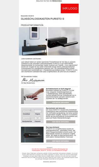The PURISTO S customer newsletter The PURISTO S customer newsletter is an important online marketing tool for your company.