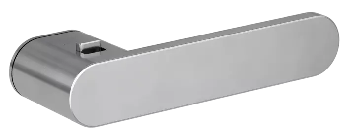 Isolated product image in the right-turned angle shows the GRIFFWERK door handle set without roses AVUS ONE in the surface velvety grey version  smart2lock