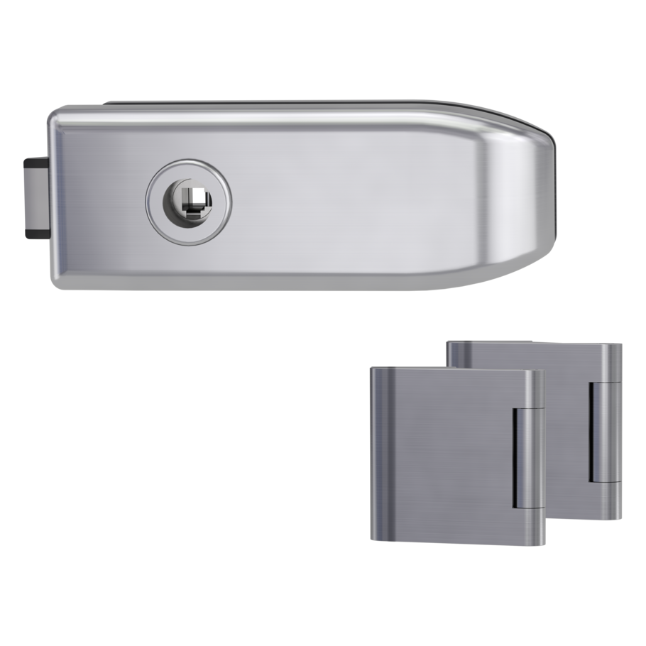 Silhouette product image in perfect product view shows the GRIFFWERK glass door lock set CREATIVO in the version mortice lock, brushed steel, 3-part hinge set