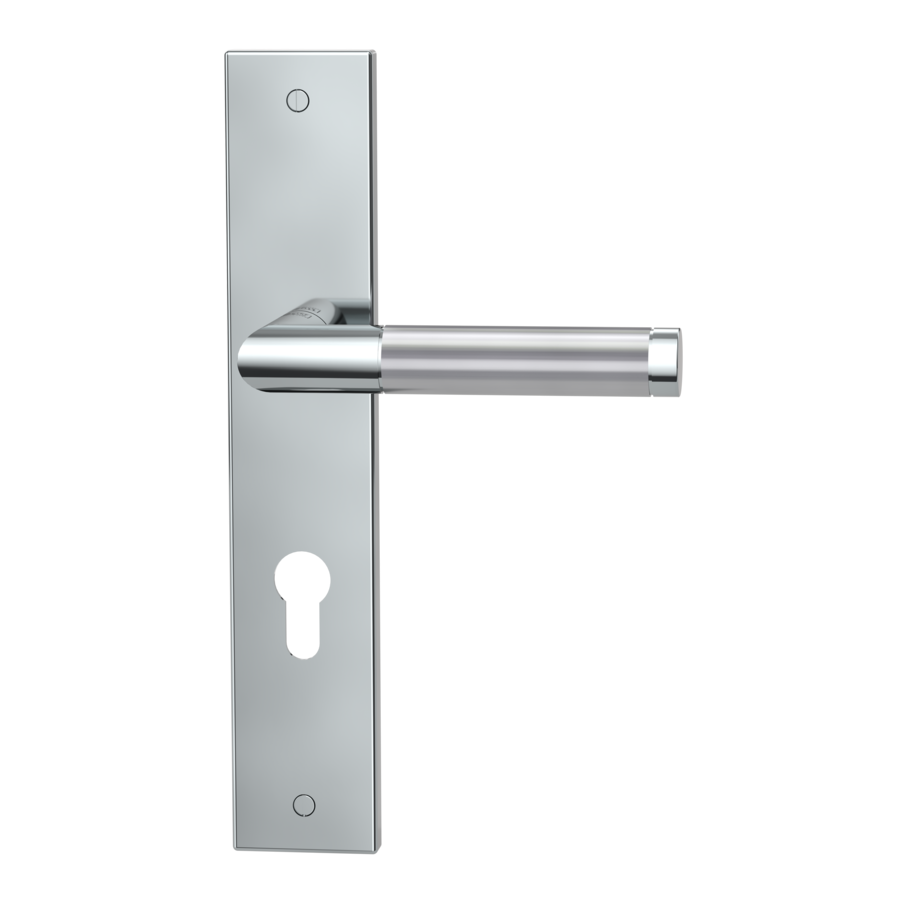 The image shows the Griffwerk door handle set LOREDANO in the version with long plate square euro profile deco screw polished/brushed steel