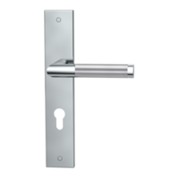 The image shows the Griffwerk door handle set LOREDANO in the version with long plate square euro profile deco screw polished/brushed steel